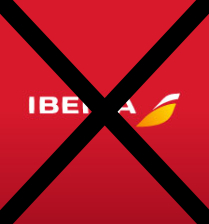 Sobre fondo rojo se ve la palabra Iberia junto con su logo. Por delante una X negra a modo de rechazo.