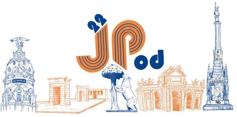 Logo de las JPOD 22 en el que se ven las letras JPOD y 22 sobre el oso y el madroño y el edificio metrópolis de la gran vía en colores azul y naranja
