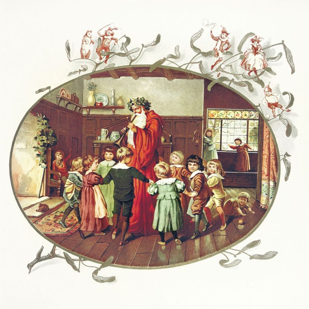 Imagen antigua de 1894 y se ve a Santa Claus con una corona de laurel o quizá acebo rodeado de niños. Sin gorro y con barba blanca y larga