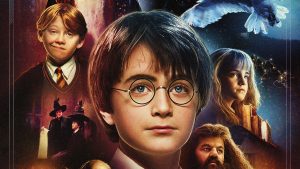 En la imagen aparece Harry Potter de niño centrada y de gran tamaño. Rodeándole está Ron, Hermione, Hagrid, Hedwig y la profesora Macganagall con el sombrero seleccionador.